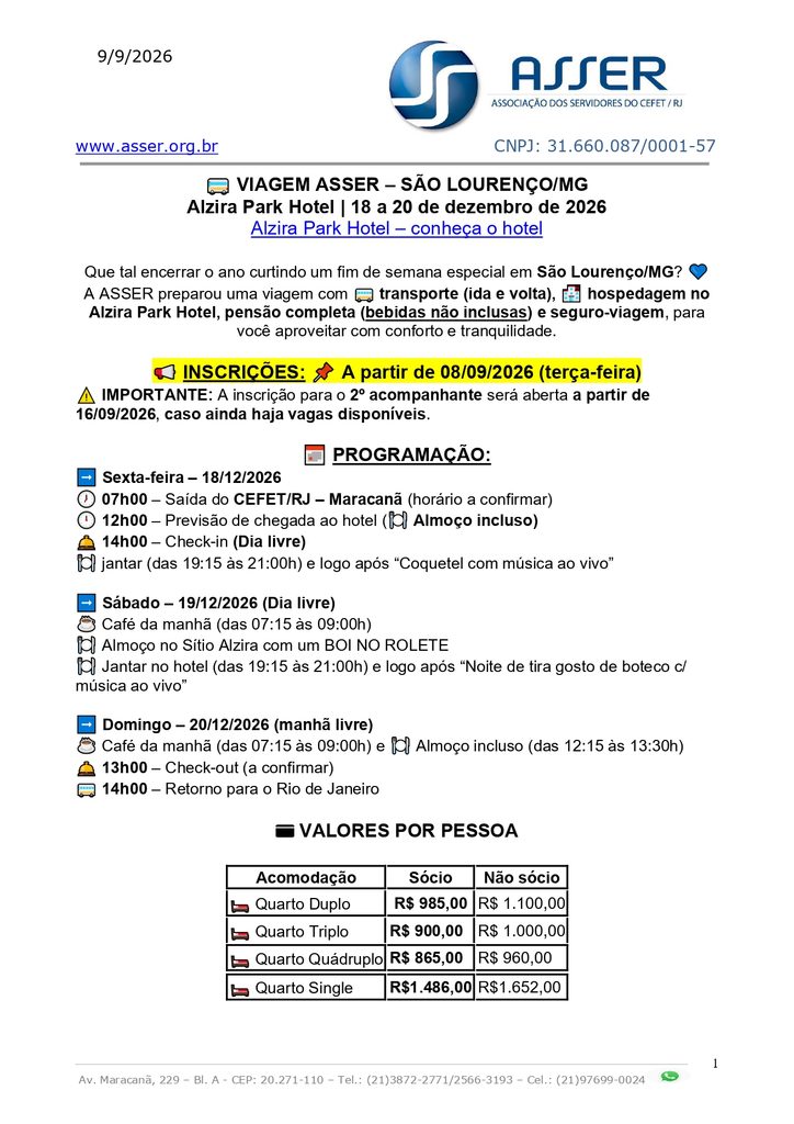 VIAGEM ASSER – SÃO LOURENÇO/MG